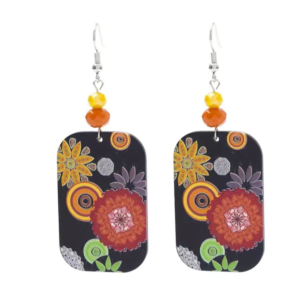 Boho Colorful Flower Wooden Drop Style Earrings